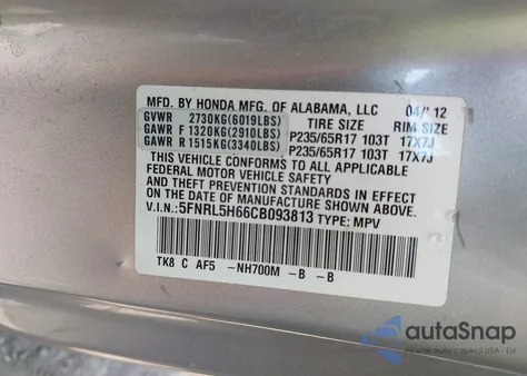2012 Honda Odyssey Ex-L z USA, uszkodzony, nr VIN 5FNRL5H66CB093813